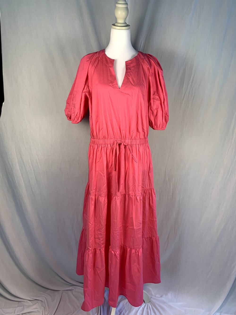 Anne Klein Women’s Size Large Carmine Rose Tiered Puff Sleeve Midi Dress NWT